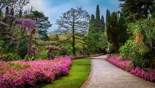 flowers and pathway in the arboretum in sochi