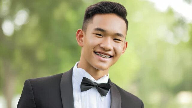Young Asian man in formal tuxedo with bowtie smiling at camera, portrait of a happy teenager wearing dental braces for prom or graduation event