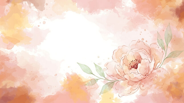 Watercolor peony flower with delicate green leaves on soft pastel background