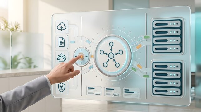 Centralized data center control panel interface managing cloud storage network security and server infrastructure