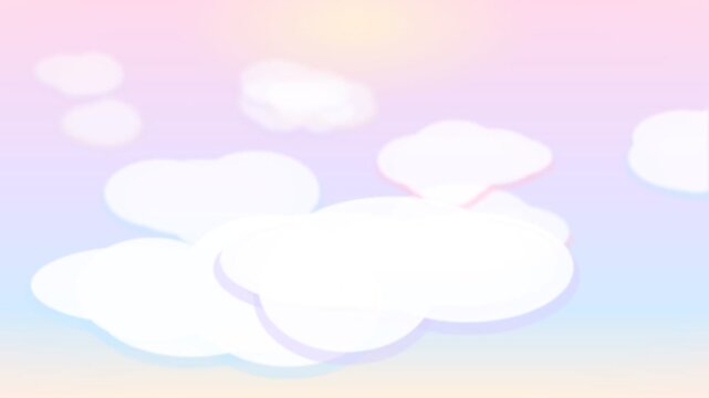 Cotton candy clouds vector animation. Three layers of pastel clouds drift across a gradient sky with a pulsing sun glow. Whimsical seamless loop for kids background or meditation.