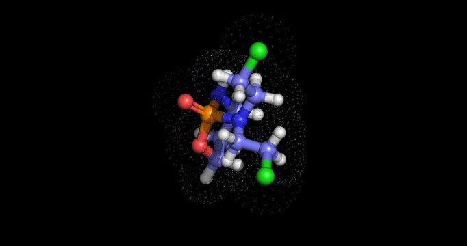 Cyclophosphamide, alkylating chemotherapy agent for cancer treatment, 3D molecule spinning, 4K