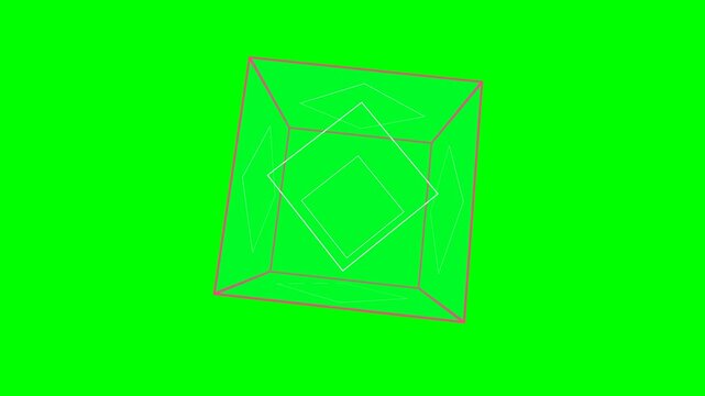 A geometric wireframe pyramid structure displayed on a vibrant green background