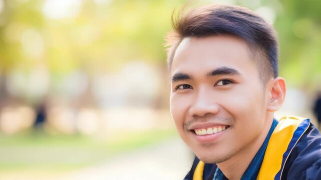 Portrait of a smiling young Asian male student wearing a graduation gown outdoors on a sunny day at a university campus during commencement event