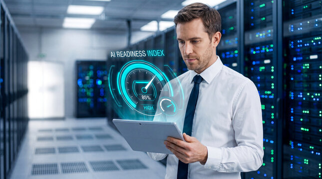 Professional male IT system administrator holding digital tablet analyzing AI readiness index graphics performance dashboard metrics while working inside high tech server room data center facility