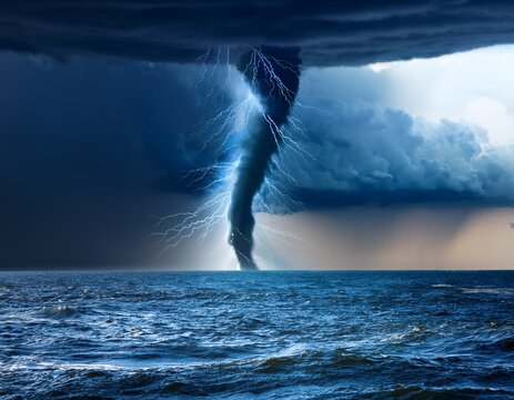 gigantic waterspout fiercely churning the dark turbulent ocean surface with spectacular lightning bolts piercing the ominous storm clouds