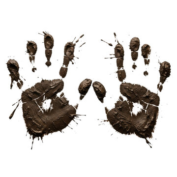 highly detailed photorealistic macro study of a pair of wet, gritty brown mud handprints with smudges and splatters, isolated high-key on white background. concept of raw tactile texture