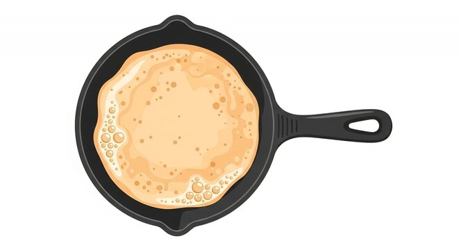 Golden Brown Pancake Cooking in Cast Iron Skillet Top View Illustration