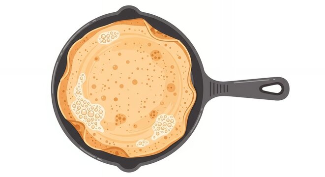 Golden pancake in cast iron skillet top view vector illustration