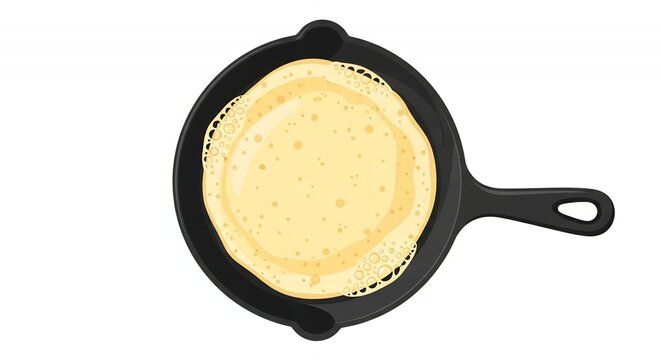 Top View Vector Illustration of a Golden Pancake Cooking in a Black Cast Iron Skillet Isolated on White Background