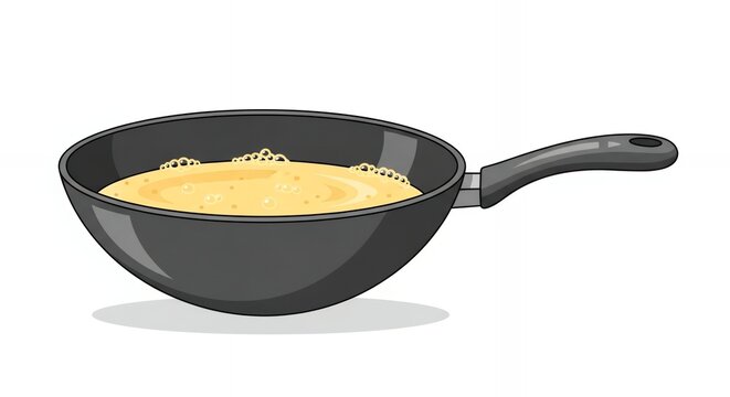 Black frying pan with whisked eggs or yellow liquid batter being cooked, vector illustration isolated on white background.