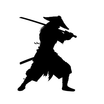 Samurai warrior silhouette, fighting pose with sword, vector illustration