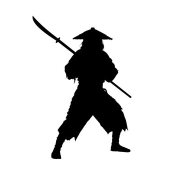 Samurai warrior silhouette, fighting pose with sword, vector illustration
