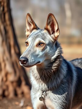 Pensive Kelpie with silver-gray coat, thoughtful pose, and introspective gaze, standing near a tree, pensive, ||Australian Kelpie