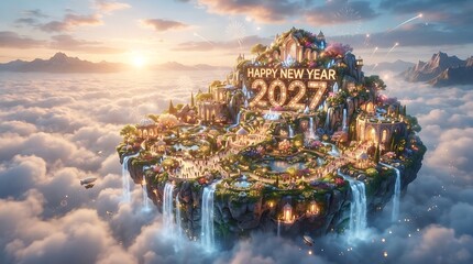 Obraz premium Fantasy floating island with magical castle and waterfalls, happy new year 2027 sign, dreamlike landscape above clouds at sunset