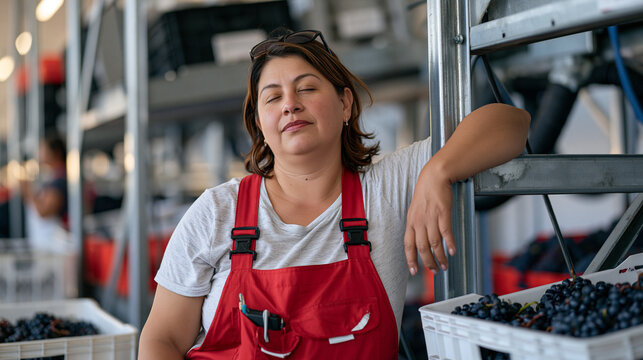 Vineyard harvest worker pausing mid-row inside an industrial cold storage facility, leaning against steel shelving, eyes closed in quiet recovery, crates of grapes nearby, candid moment of autism ma