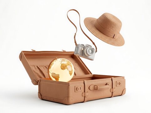Open vintage leather suitcase with floating camera, sun hat, and globe on white background.