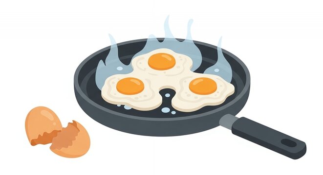 Three sunny side up eggs frying in a pan with steam and eggshell vector illustration isolated on white background
