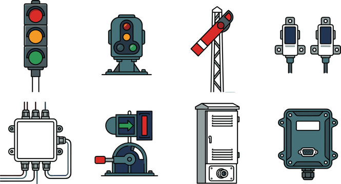 Railway Signaling and Control Equipment Icon Set with Semaphore Sensors and Signal Cabinets