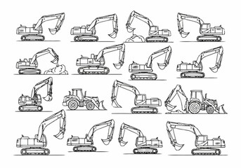 Collection of Excavator Machine Illustrations in Black and White. © Nuri