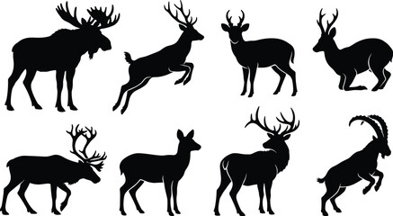Deer and horned animal silhouette collection featuring moose reindeer stag and ibex vector shapes © RurposiRani