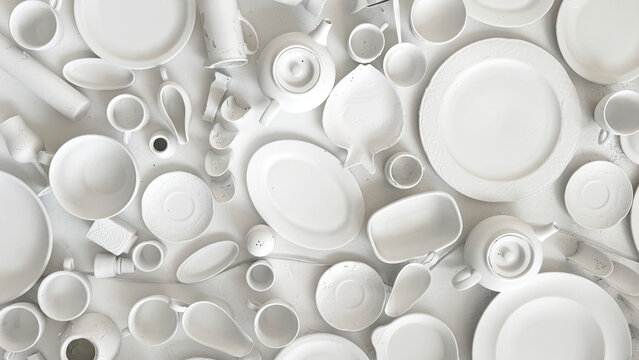 Variety of white ceramic plates and bowls with different shapes hanging on a white wall creating a decorative display