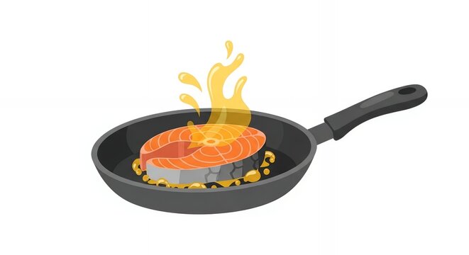 Fresh salmon steak frying in a pan with oil splashes vector illustration for cooking and seafood concepts