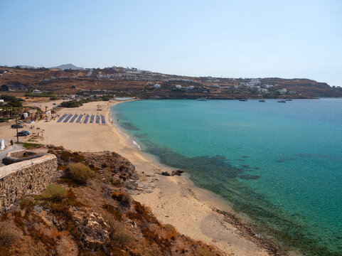 Panoramic view of Kalo Livadi beach on Mykonos Island in Greece.
