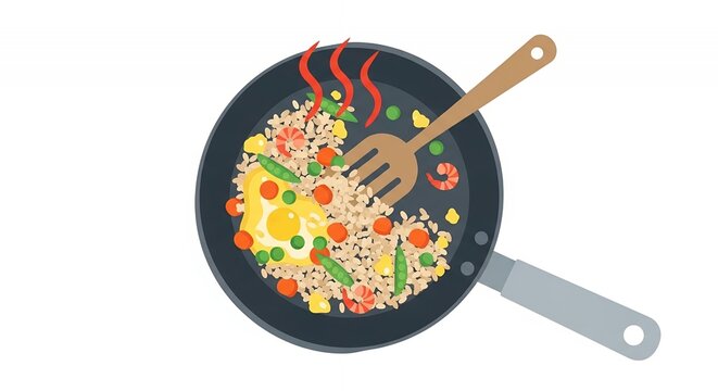 Vector Illustration of Fried Rice with Shrimp Vegetables and Fried Egg in a Frying Pan