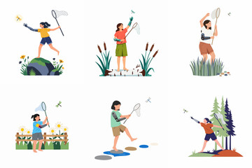 Fototapeta premium Inclusive illustrations of young girls with bionic arms catching dragonflies in various outdoor settings, highlighting accessibility and the joy of nature.