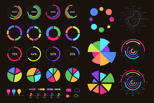 Circle chart. Infographic graph, data visualisation business. Technology template. Computer icon marketing. Finance data neon diagram. Elements for presentation with metrics. Vector badge isolated set