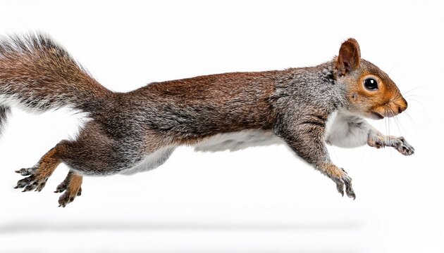 jumping grey brown squirrel isolated on white or white background