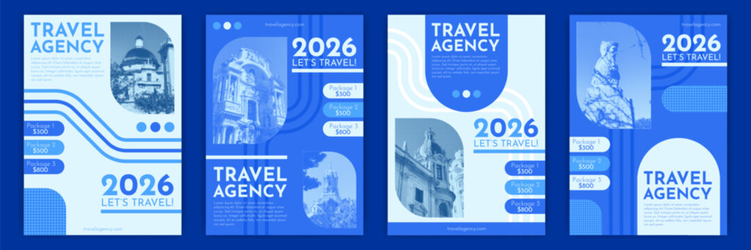 Poster travel. Portfolio cover. Halftone design. Modern creative template, marketing flyer. City business corporate banner, tourism promotion. Ad catalog. Vector garish brochure vertical illustrations
