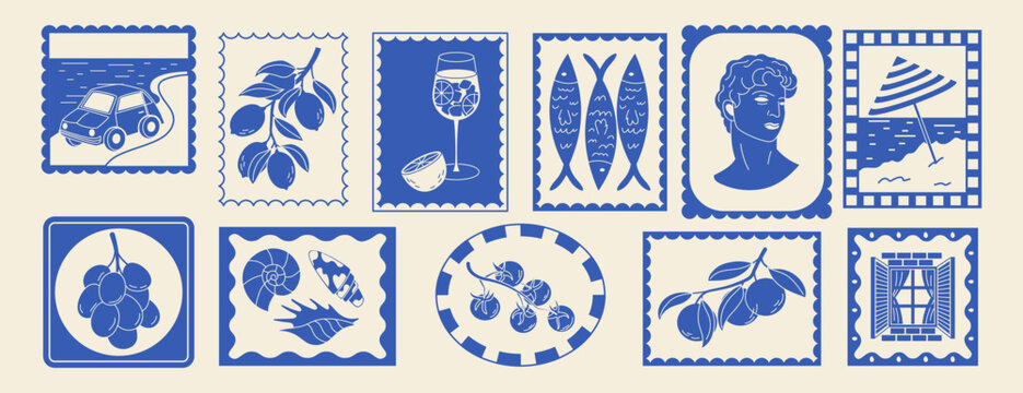 Greek sticker. Mediterranean logo. Summer vacation in Greece card. Postcard stamp. Ancient statue, car on sea. Icon of sardine, olives. Vector garish print flat style isolated monochrome illustration