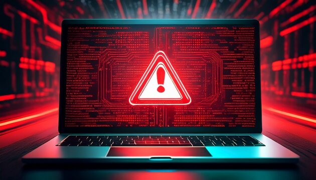laptop screen with red alert symbol code in background cyber threat