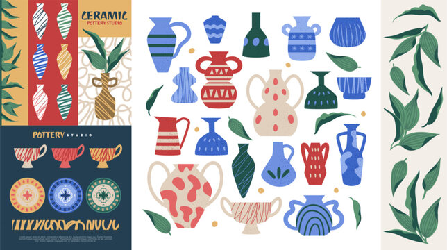 Ceramic doodle. Vase, clay shape, decorative jug. Graphic ornament on jar. Craft vintage. Crockery retro, texture pottery. Color antique amphora. Vector garish design isolated floral illustration set