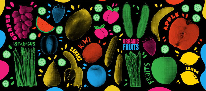 Collage art fruit. Food texture, retro vegetables. Halftone berries. Pop pear. Vibrant asparagus, lemon ingredients. Creative layout watermelon. Vector noise garish design isolated elements modern set