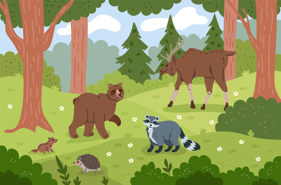 Forest animals in landscape. Woodland mammals characters in summer nature. Cute deer, wild fox, hare in park. Cartoon zoo spring fauna. Educational drawing for children. Vector tidy nursery background