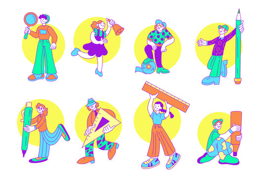 Education children. Back to school, happy kid going. Student holds pen, book, stationery tools, pencil. Cute group character learning. Vector tidy cartoon flat style isolated minimalistic illustration