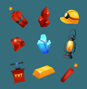 Miner icons. Miner hardhat and lantern. Gold bar. Crystal and diamond. Precious gemstones. TNT denotator. Dynamite bomb. Ruby gem. Golden ingot. Industrial tools. Goldmine isolated elements vector set