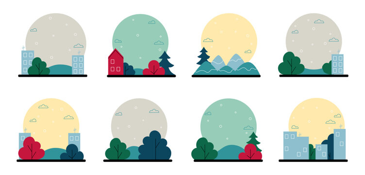 City landscape. Town house buildings. Forest trees and mountains. Sun circle. Round frame. Urban homes. Walking in nature. Summer park. Flat graphic color cityscape. Sky clouds. Vector sceneries set
