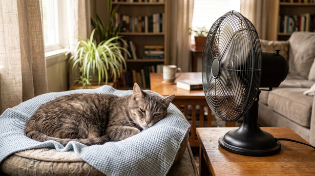 Senior cat sleeping on soft blue blanket in front of electric fan during a hot summer day at home