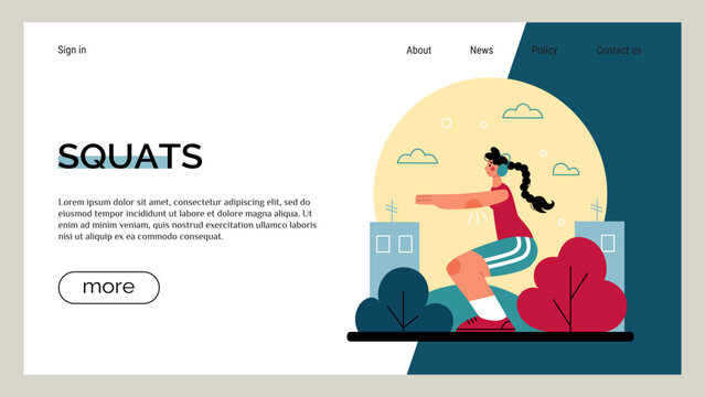 Sport training landing page. Sportsman making squats in urban park. Athletic exercises. Website design template. Healthy lifestyle. Fitness active workout. Trees and city houses. Vector background