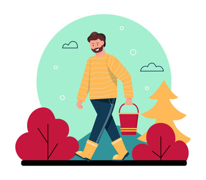Man walking in autumn forest. Male character picking mushrooms. Autumnal season trees. Young guy holding bucket. Outdoor leisure. Relaxation in nature. Travel hobby. Woodland hiking. Vector concept