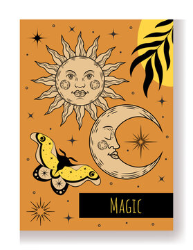 Occult symbol. Magical fly animal. Mystical butterfly. Space moon. Crescent dream face. Abstract lunar flat shapes. Insect wings with spiritual stars. Starry sparkles. Esoteric collage vector banner