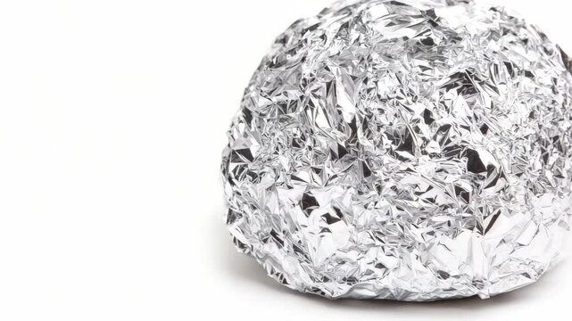 Aluminum foil ball isolated on white background, shiny metallic texture, crumpled silver wrap sphere for food storage or industrial recycling