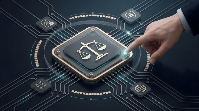 Automated smart contract processor chip featuring scales of justice for legal technology and digital compliance systems