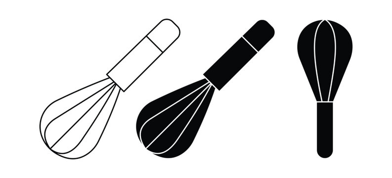 Kitchen Whisk Icon Set &ndash; Wire Balloon Whisk, Egg Beater, Baking Mixer, Cooking Utensil, Pastry Tool, Outline & Silhouette Vector Collection