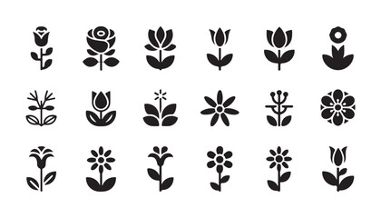 Fototapeta premium Variety of simple flower icons in black on transparent background for design.