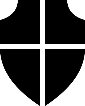 Black shield icon with a white cross design for security and protection